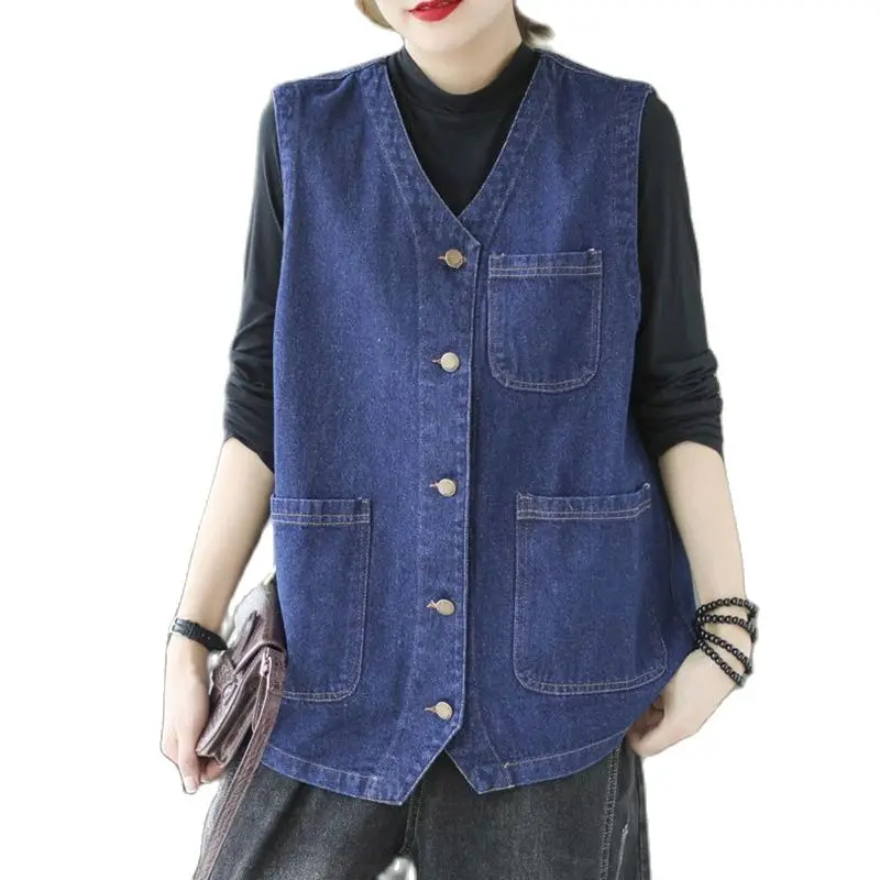 

Women's Denim Vest V Neck Sleeveless Loose Thin Spring Autumn Denim Jacket Waistcoat Tops 2022 New Short Coat Outerwear Female