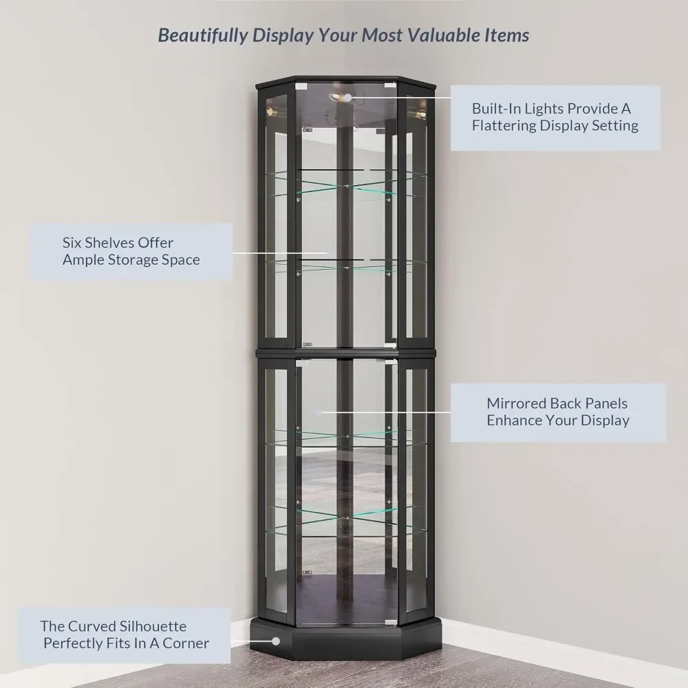 Armário de curiosidades de vidro iluminado de 3 lados com portas e prateleiras de vidro temperado, armário de canto de madeira curvada com lâmpada