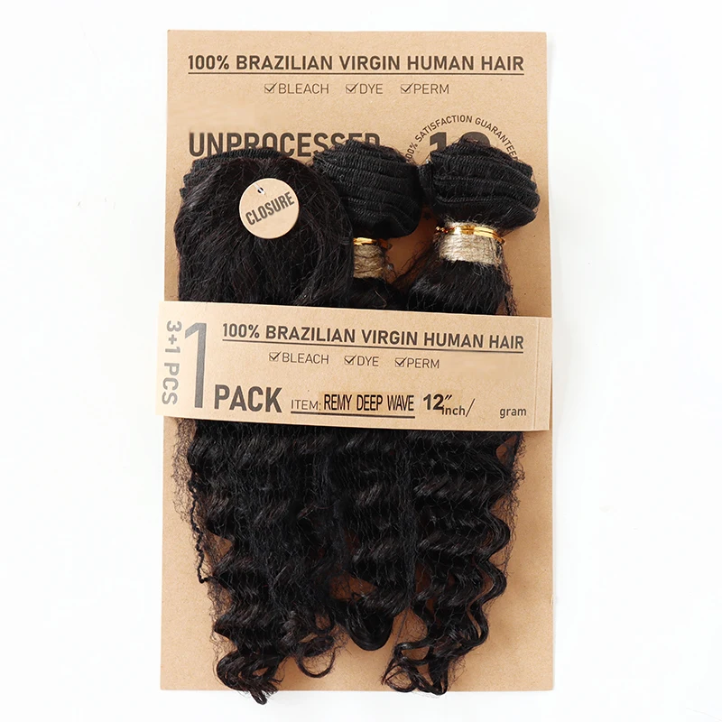 Deep Wave Body Wave Straight Human Hair Bundles With Closure Indian Hair Weave 3 Bundles With Machine Made Closure view 3