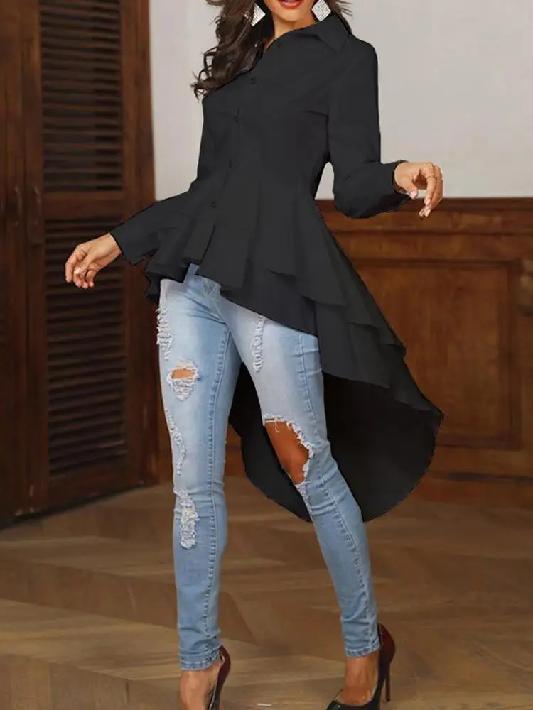 2023 ZANZEA Elegant Asymmetrical Blouse Stylish Long Sleeve Solid Work Blusas Fashion Women Casual Party Top Ruffles Hem Shirt