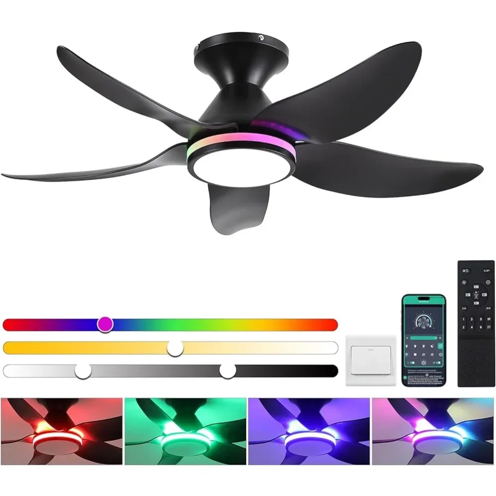 

Ceiling fan with light remote control/APP control, 38 inch slim ceiling fan with dimmable white+RGB circular light