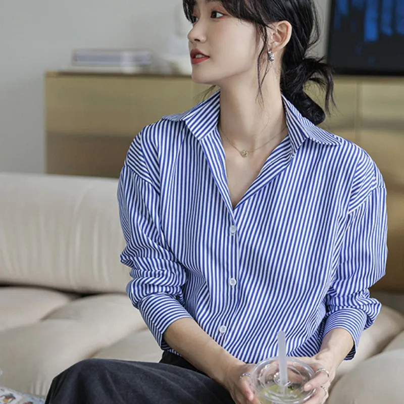 Shirts Women Blue Striped Long Sleeve Design Loose Chic Vintage Korean Basic Tops Female All-match Elegant Office Lady Leisure