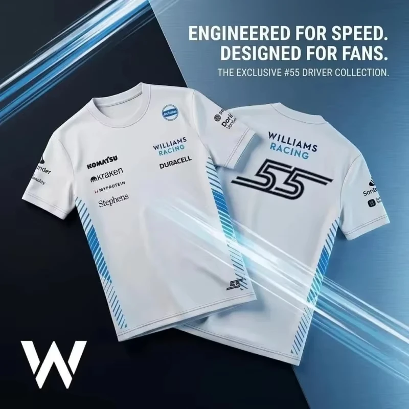 Image of 2026 Neues Carlos Sainz 55 Williams Racing Weißes Trikot Herren Sommer Sport Freizeit Atmungsaktives Bequemes Oberteil Familien-Kinder-T-Shirts Y2K