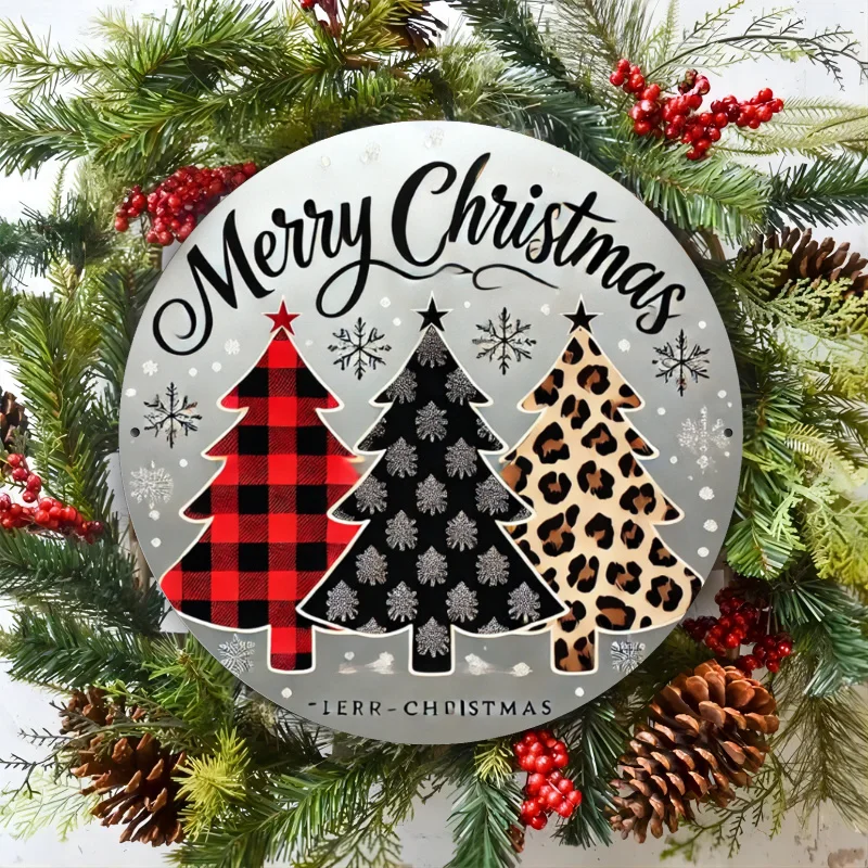ديكور الغرفة، لافتة إكليل شجرة عيد الميلاد المجيد من الحديد الريفي - ديكور حائط للعطلات ثلاثي الأبعاد مع لهجات طباعة الفهد، حديد متين #1
