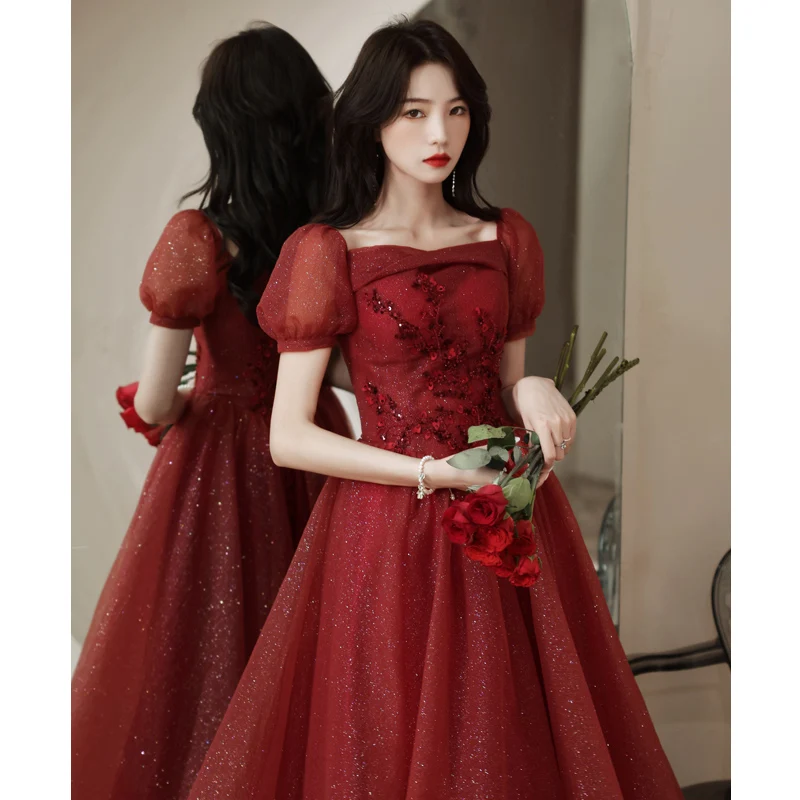 

Wedding Dr Red Color Bridal Gown Korean Sle Floral ort Sve Long Skirt Women's Ele Sexy Slimming Par Dr