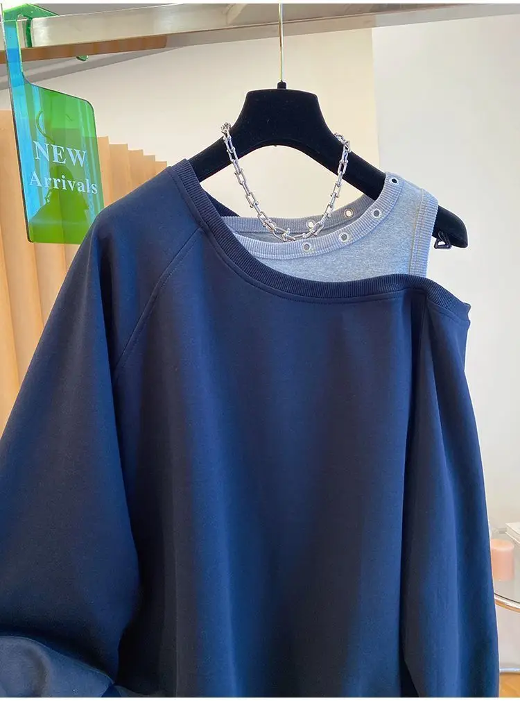 Fake Two Piece Casual Oversized Off Shoulder Sweatshirt Tops Women Designer Hollow Out Sweatshirt Fall Hoodie Jacket Outwear
