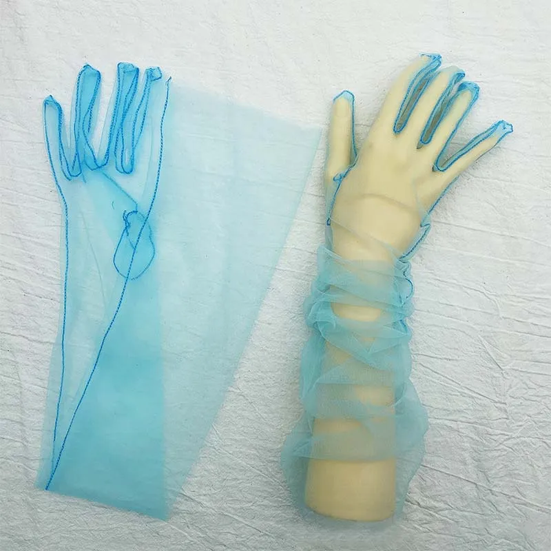 Guantes largos de tul transparente para mujer, mitones de dedo completo, ultrafinos, elásticos, codo de malla, boda, novia, accesorio de Halloween