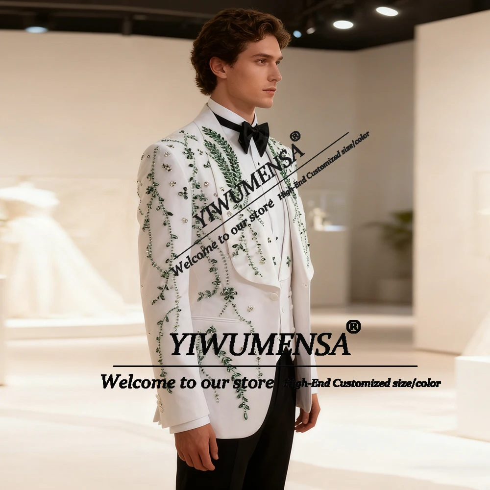 

Brilliant Diamond Beaded Men's Suit For Wedding Shawl Lapel Prom Blazers Customized 3 Piece Set Groom Tuxedos Outfits Slim Fit