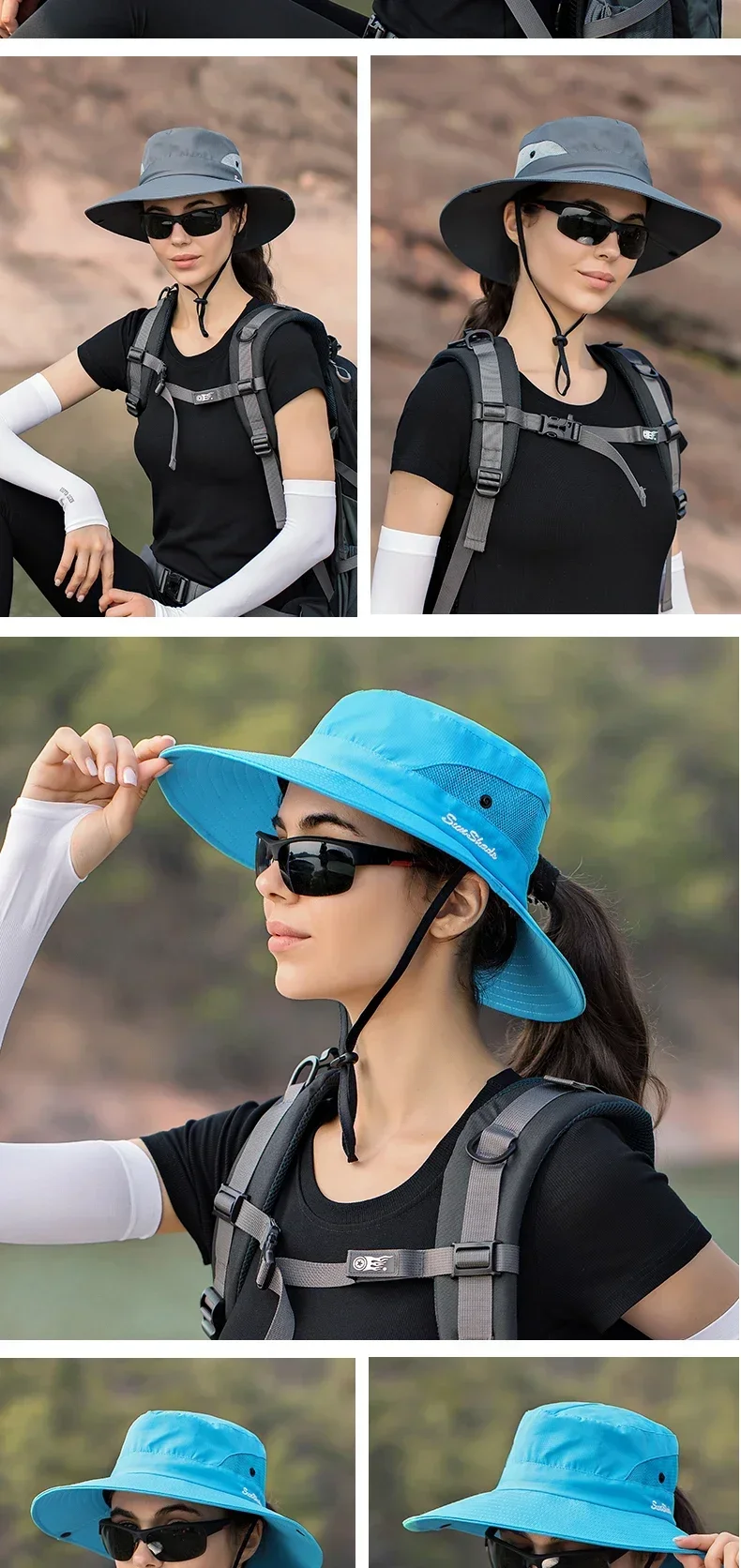 Damen Pferdeschwanz-Fischerhut Wasserdichter Sonnenhut Einfarbig Outdoor Reise Angeln Klettern Wandern Breiter Krempe Bucket Hat – Detail 8