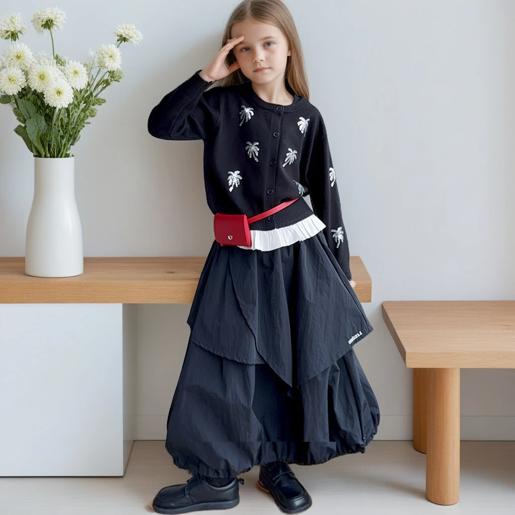 

Autumn Girls Knit Cardigan Skirt Set Fashion 2-Piece Outfits Trendy Sweater Skirt Combo Casual Chic Wear for Teens Age 7-14