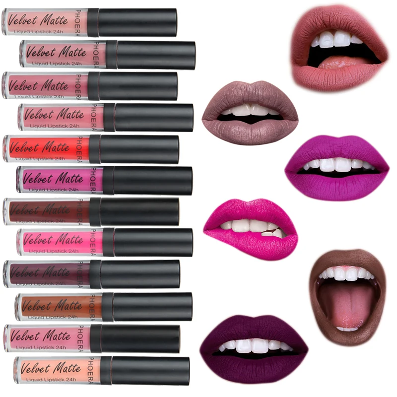 PHOERA 12 Colors Matte Liquid Lipstick Waterproof Long Lasting Velvet Mate Red Lip Gloss Lint Tube Makeup Cosmetic Lipgloss