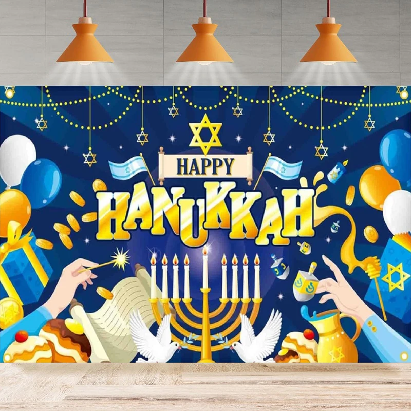 Photography Backdrop Menorah Blue Shiny Lamps Chanukah Poster Background Happy Hanukkah Home Party Backdrop Wall Banner Decor