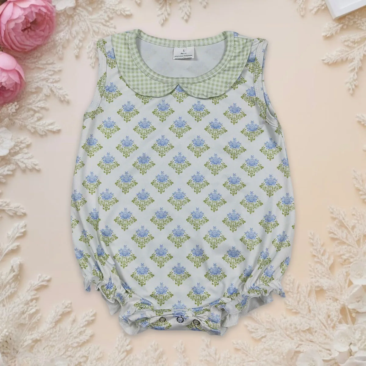 

Newborn Baby Girl Sleeveless Flowers Plaid Collar Ruffle Bubble Romper Cutest Kids Jumpsuit Toddler Children Clothing Wholesale
