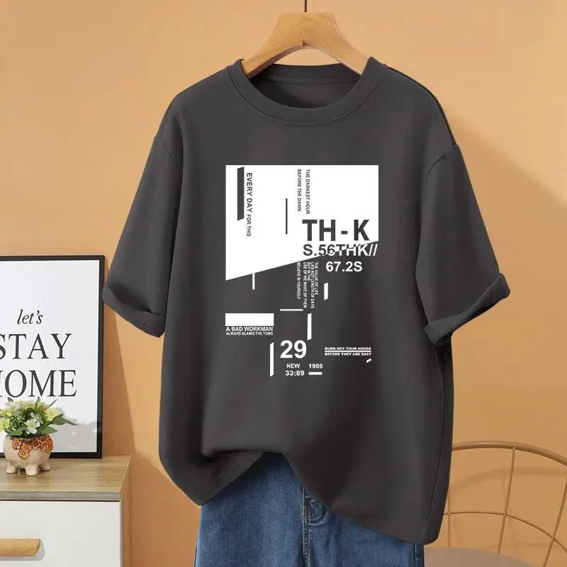 Summer 100% Cotton Cartoon Letter Printed T-shirt, Women Clothing Basic Pullovers, Casual Loose O-neck Short Sleeve Top Tee