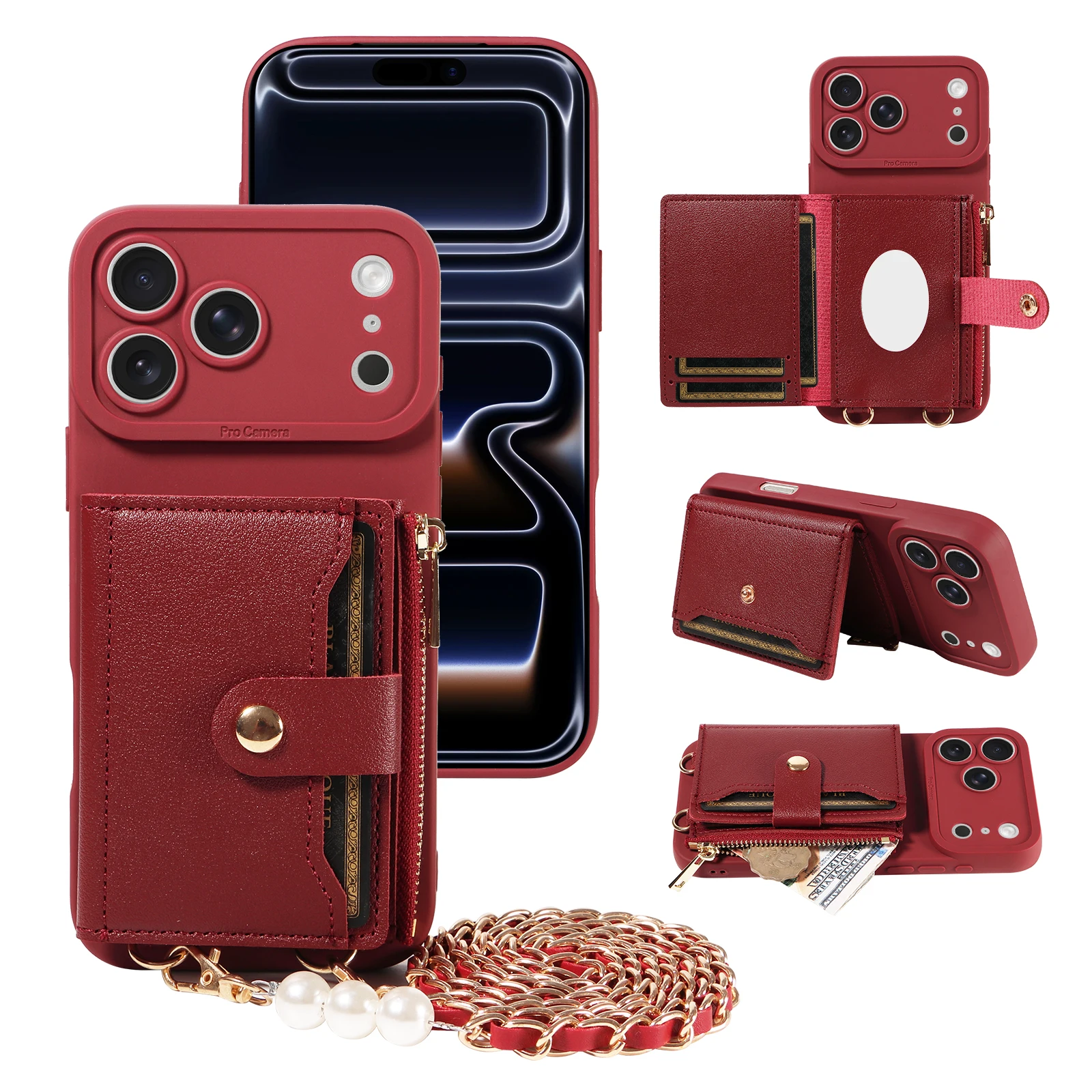 Leder-Handyhülle für Samsung Galaxy S25 S24 S23 S22 S21 S20 Ultra Plus FE mit Spiegel & Perlenbesetztem Trageriemen Stoßfeste Hülle