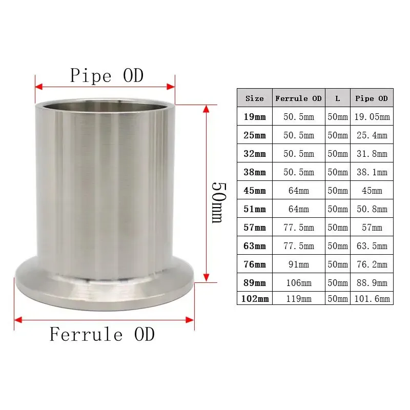 19mm 25mm 38mm 51mm 63mm 76mm 102mm Sanitary SS304 Stainless Steel Tri Clamp Long Weld Ferrule Welding Pipe, Height 50mm-60mm