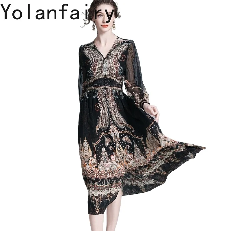 

YOLANFAIRY 100% Натуральные шелковые платья из тутового шелкопряда для женщин, весна-лето, люкс, 2026, винтажное платье с бисерным принтом, черные элегантные женские платья