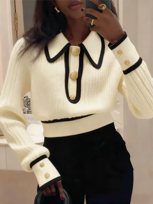 

Стильный женский свитер с отложным воротником и длинными рукавами 2025: Элегантный укороченный вязаный пуловер в полоску для офиса и повседневной носки, теплый и мягкий топ