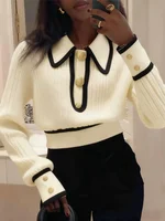 Chic Lapel Long Sleeve Sweater Women Stripes Elegant Short Knitted Pullover Female Casual
