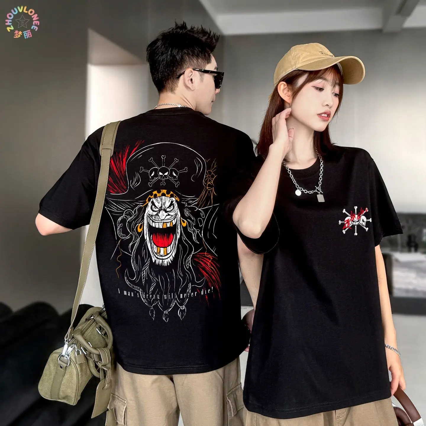 Anime One Piece Blackbeard T-Shirt Herren Cool Sketch Graffiti Print Kurzarm Casual Streetwear Tops