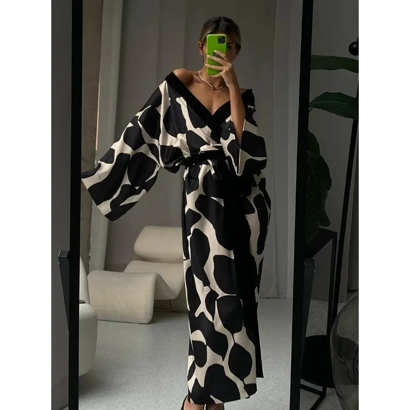 

Casual Loose Print Women'S Dresses 2024 Fashion V-Neck Long Sleeve Lace-Up Ankle-Length Dress Elegant Home Female Dress