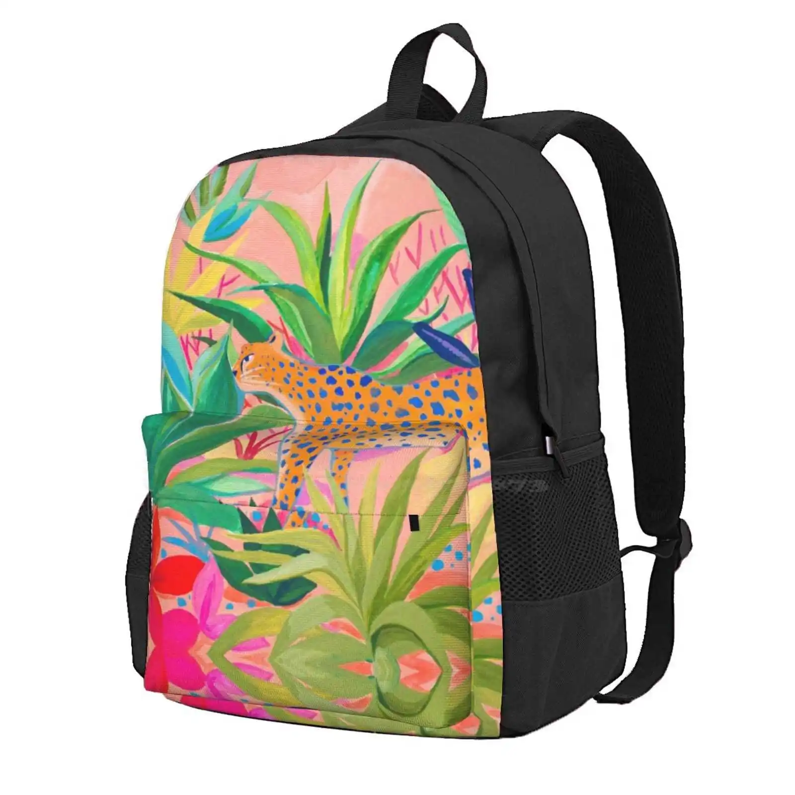 Leopard In Succulent Garden Hot Sale Schoolbag Backpack Fashion Bags Leopard Cheetah Panther Feline Big Cat Plants Leaf Leaves