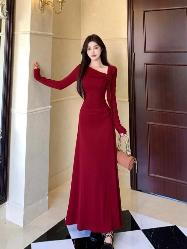 

plus Size Red Long Sve A-Line Dr Women's Ele Waist-Cinching Autumn New Sle Commute Korean Version High Waist Knit...