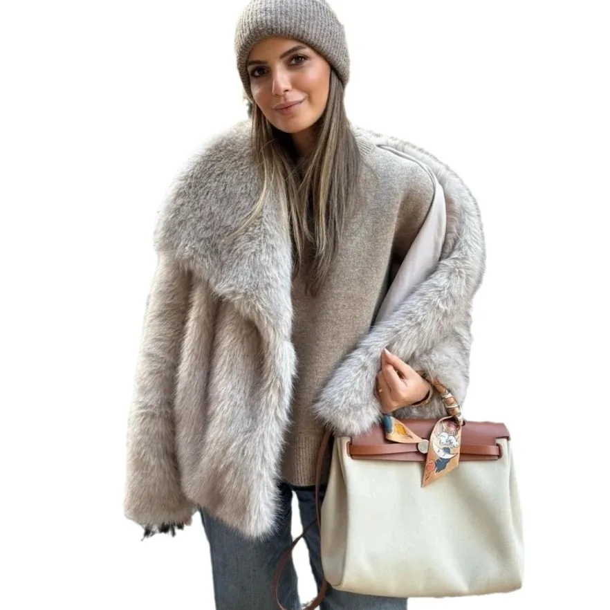 Women's Trendy Faux Fur Coats 2025 Autumn Winter New Stylish Faux Fur Coat Women's Lapel Fashion Solid Color Long Sleeve Jackets