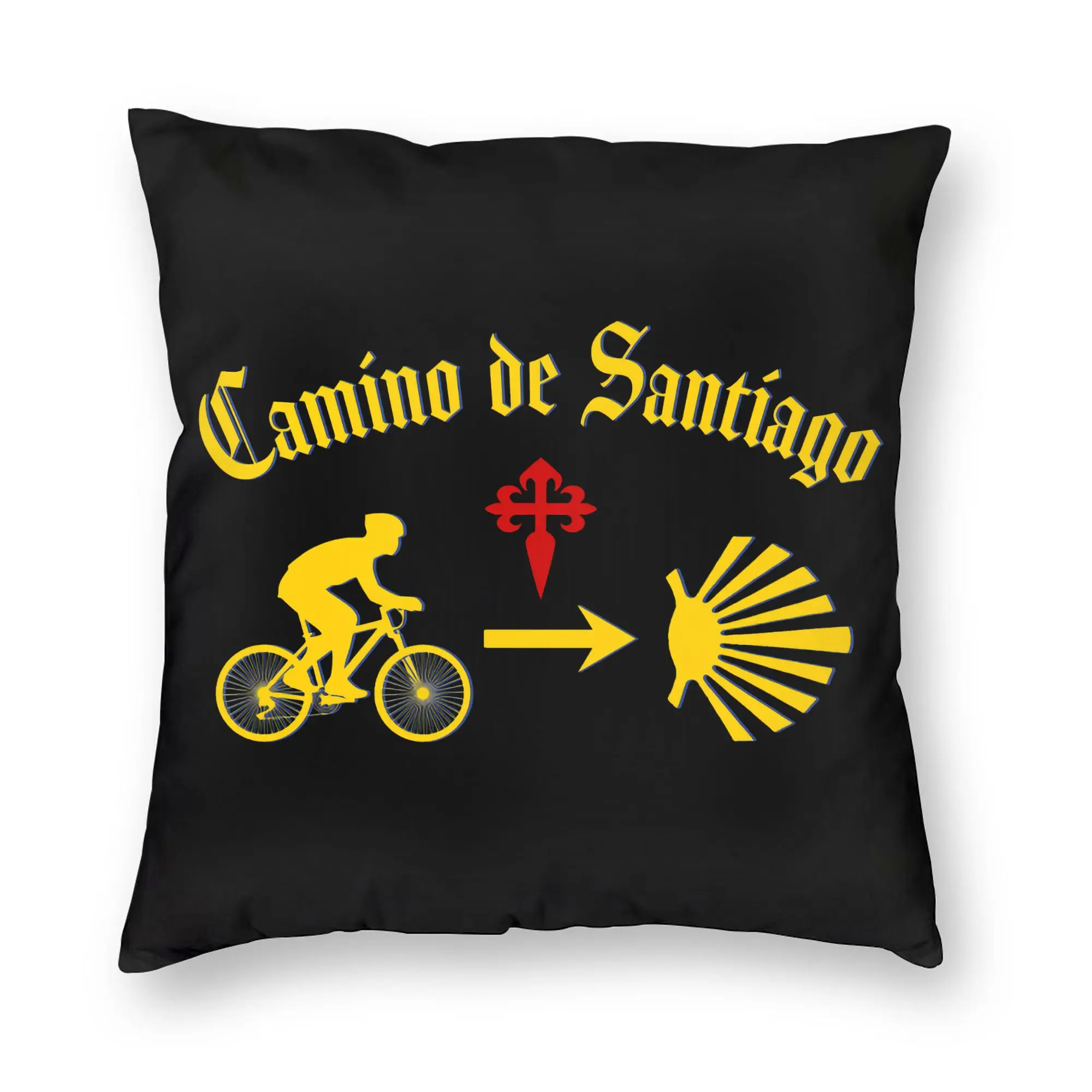 Camino de Santiago Typography Man Riding a Bicycle Yellow Arrow Scallop Shell Red Cross Nordic Pillow Cover  Decoration  Cushion