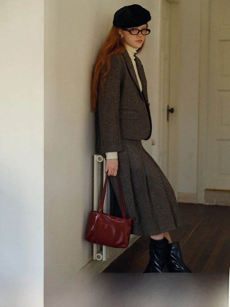 

Rina Berry Vintage Plaid Suit Skirt Set Simple College Sle Autumn Faion Two-Piece Ensemble Ele Midi Skirt Blouse Combo