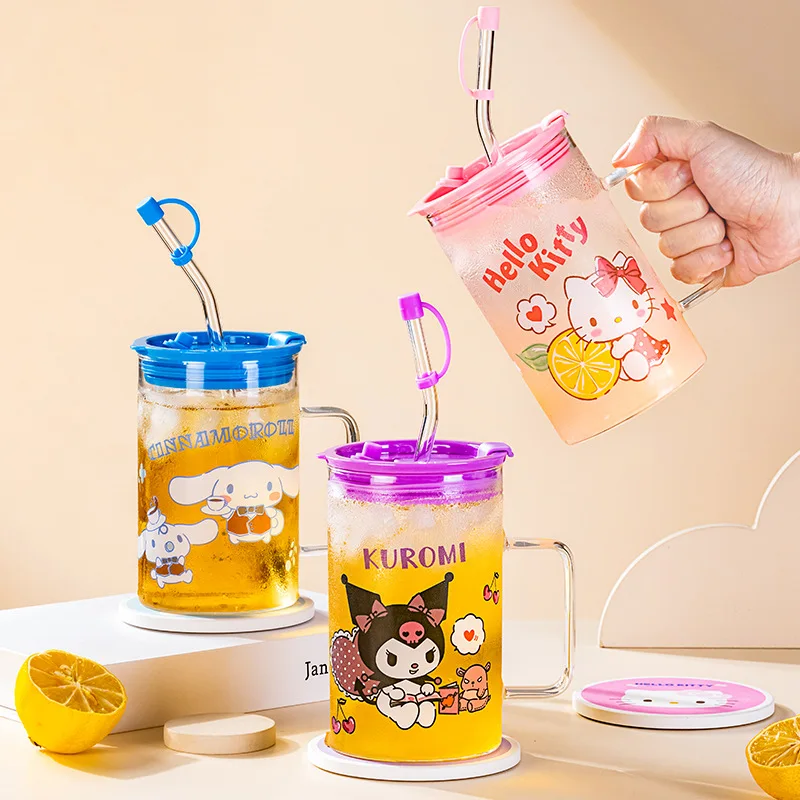 Kawaii Sanrios Hellokittys 600Ml Straw Cup Cinnamoroll Kuromi My Melody Cartoon Home Drink Cup Anime Glass Cup Cute Girl Gift