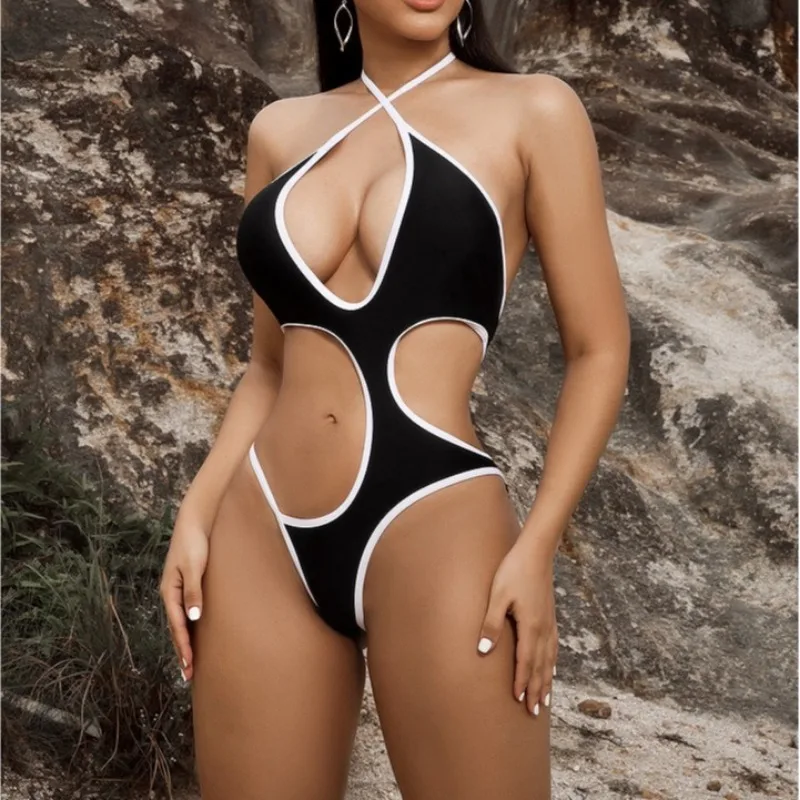 

Women's sexy fashion bikini black and white contrasting hollow strap one-piece swimsuit best friend outfit Valentine's Day gift