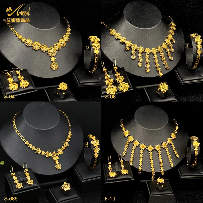 ANIID Indian 24k Gold Color Flower Shape Necklace Earrings Bracelet Ring Set Elegant Bridal Wedding Jewelry Sets for Dubai Lady