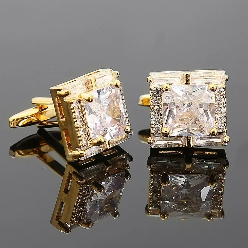 Men\'s Cufflinks Luxury Tough Square Rhinestones Zircon Crystal Cuff Link High-end French Suit Shirts Buttons Wedding Accessories