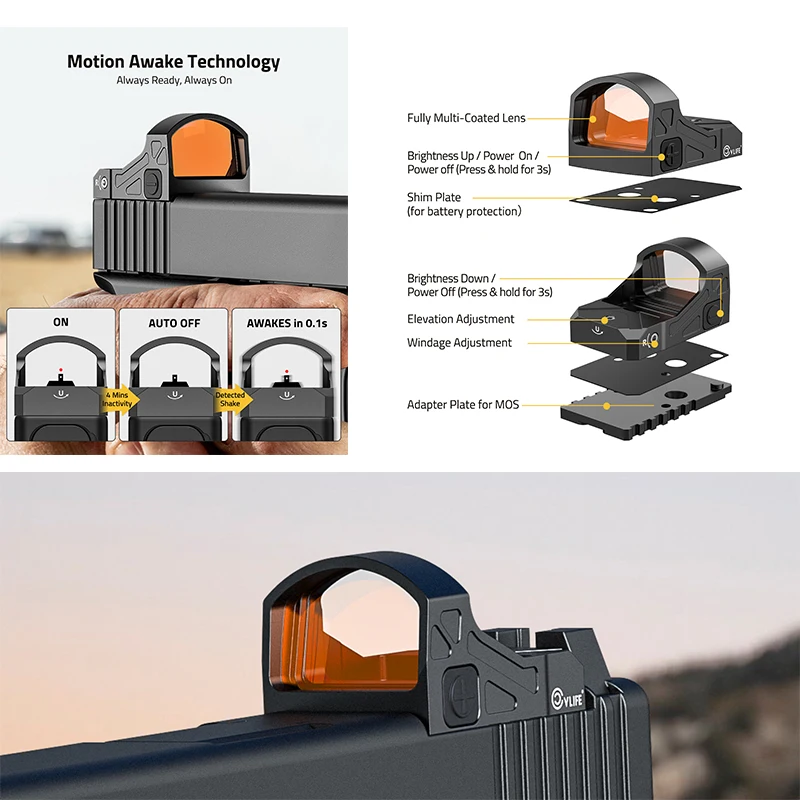 

Прицел CVLIFE Motion Awake Red Dot Sight 3 MOA с открытым рефлектором, компактный, с адаптером для креплений MOS и 21-мм Picatinny, для охоты