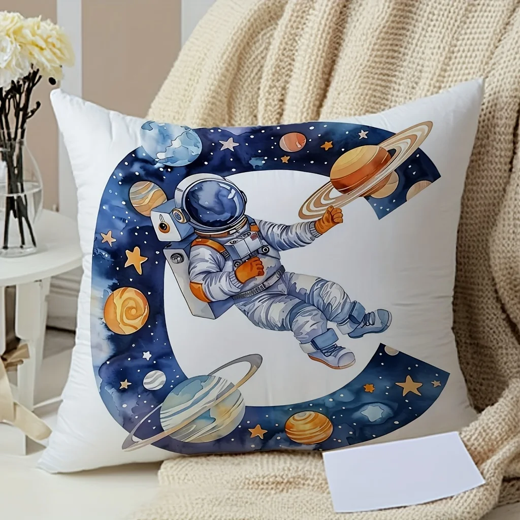 Astronaut Pillowcase with Lettering Space Exploration Design for Sci-Fi Fans, Soft Cotton Cushion Cover with Dreamy Cosmic Style