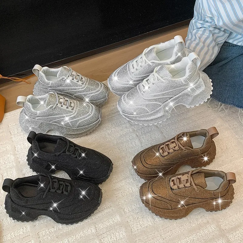 Sapatos únicos femininos com sola grossa e bico redondo com diamantes completos, confortáveis, antiderrapantes, respiráveis, esportivos e casuais