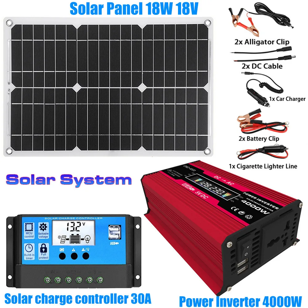 Solar System Power Generation Combination 4000w Inverter Solar Panel 30a Controller 12V-220V110V Camping Emergency