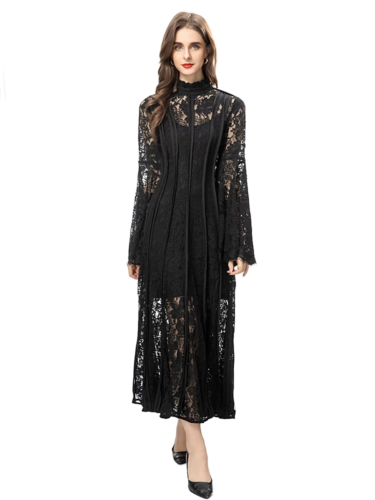 Long Dress Sexy Spring High Quality Ladies Fashion Party Birthday Lace Hollow Out Pretty Chic Sweet Flare Sleeve Two Piece Set