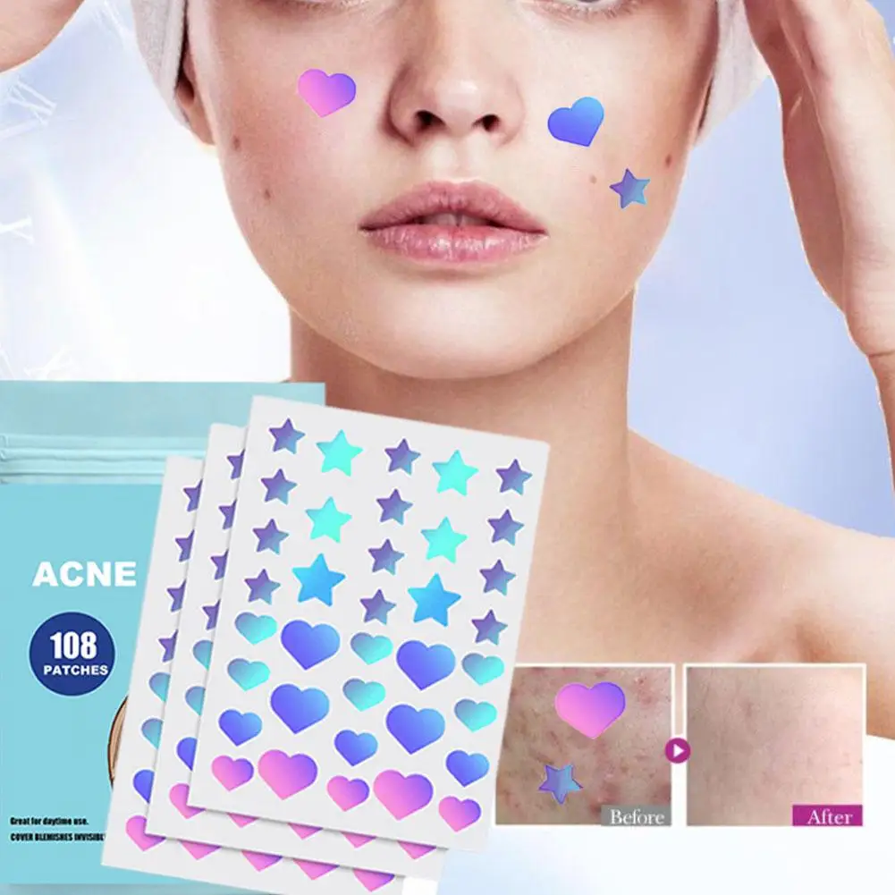 108/216pcs Cute Star Heart Shaped Acne Treatment Sticker Invisible Acne Patch Care Pimple Skin Removal Cover T0X3