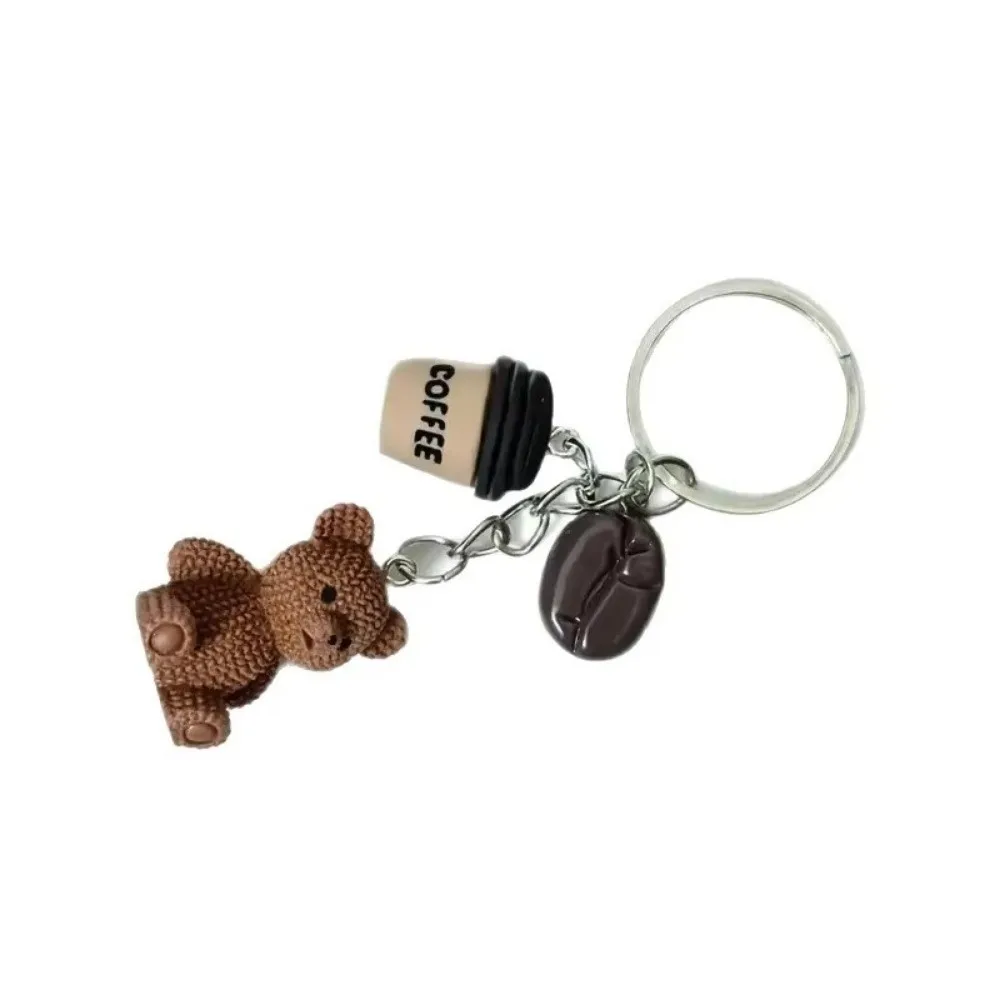 Cute Resin Bear Coffee Keychain Cartoon with Metal Ring Closure Pendant Keychain Mini Bag Charm For Coffee Lovers Gift