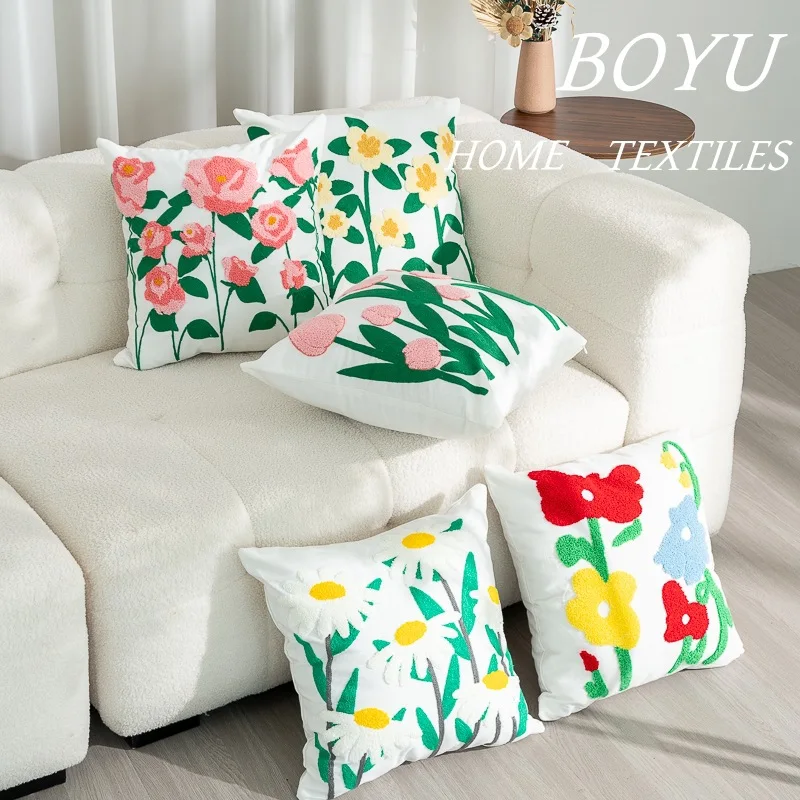 Tulip Embroidery Pillow Cover Nordic Style Living Room Sofa Cushion Cover Simple Pillowcase Backrest Home Decoration