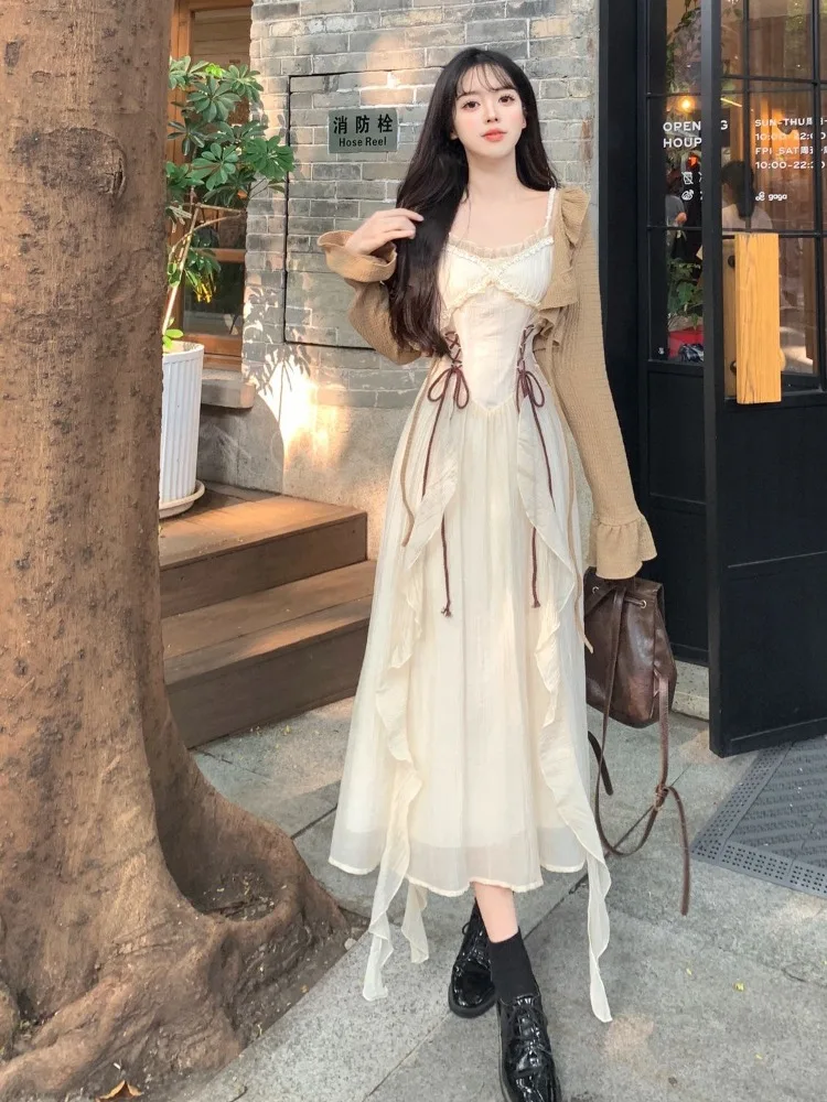 Vintage Sweet Ruffles Slim Waist Camisole Dress for Women+ All-match Fungus Long Sleeve Thin Cardigan Summer Two Piece Sets