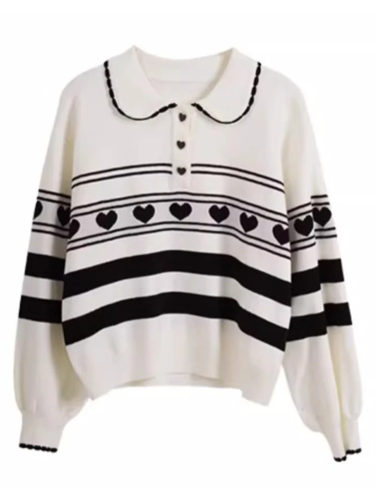 OLrain レディース ストライプ セーター 2025 秋の新作 ターンダウンカラー 長袖 ジャンパー カジュアル ルーズフィット プルオーバー O23DM69099