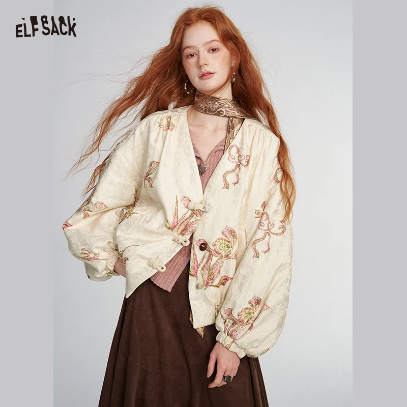 ELFSACK Neo-Chinese Bomber Jacket with Floral Print, V-Neck Long Sleeve Outerwear, Loose Casual Coat for Fall