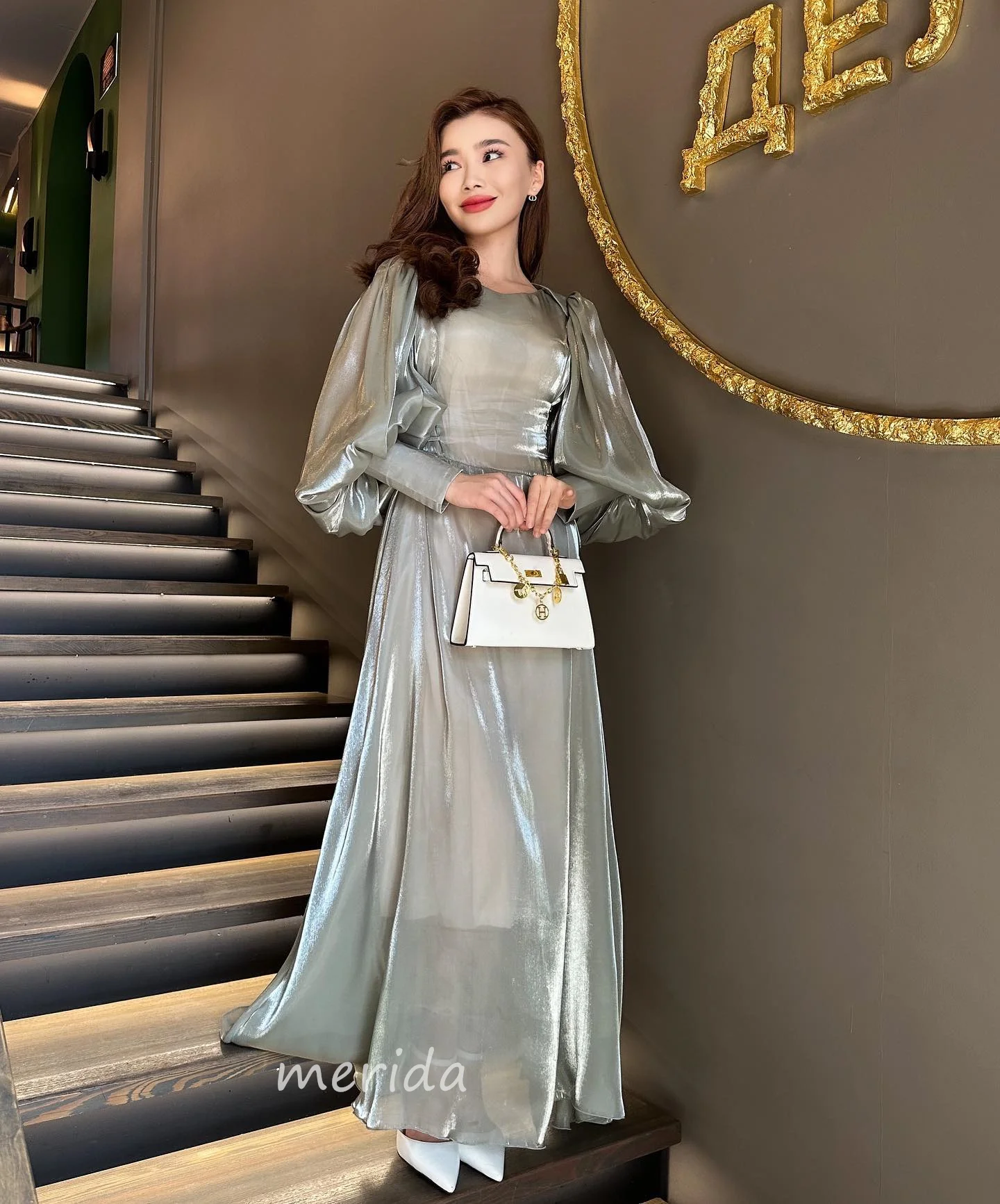 

Merida O Neck Prom Dress 2024 Long Sleeve Silk Crease Cocktail Dress Long Formal Evening Party Dress 2024 robes de soirée