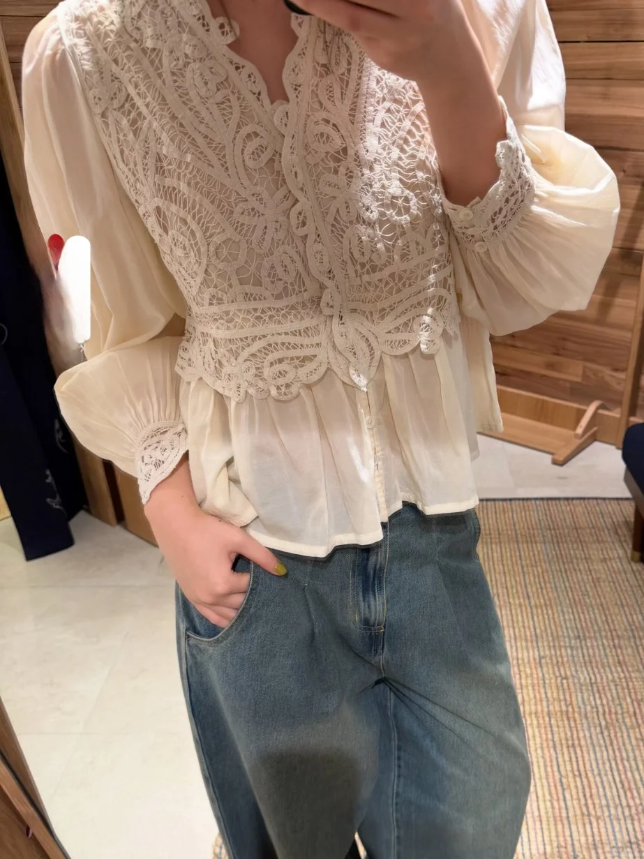 

Женская приталенная рубашка Heidd Весна-Лето 2026 с длинным рукавом, двухслойная, с ажурной вышивкой, нежного абрикосового цвета, из хлопка.