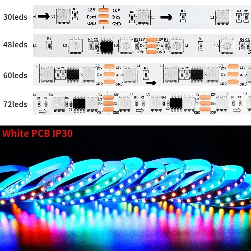 Ws2811 rgb tira de luz led, 5m, 5050smd, 30/48/60/72leds/m, controle 1ic externo, 3 endereçáveis, dc12v