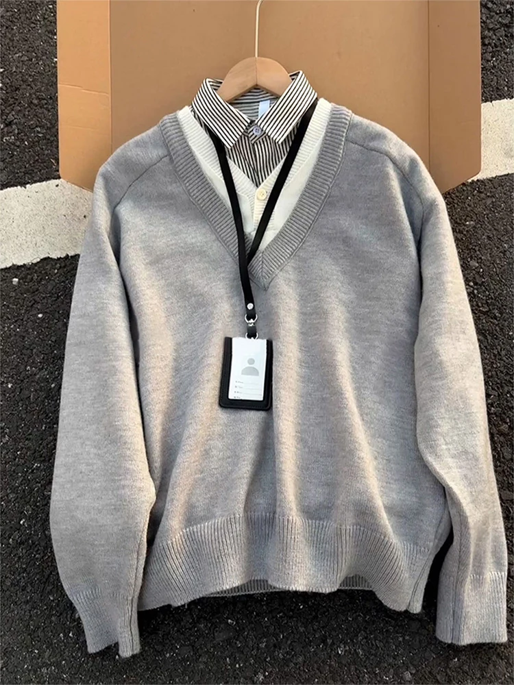 

American Sle V-Ne Knitwear Men's Outerwear Lazy College Sle Sweater High-End Feeling Autumn Winter Thiened Long Sve