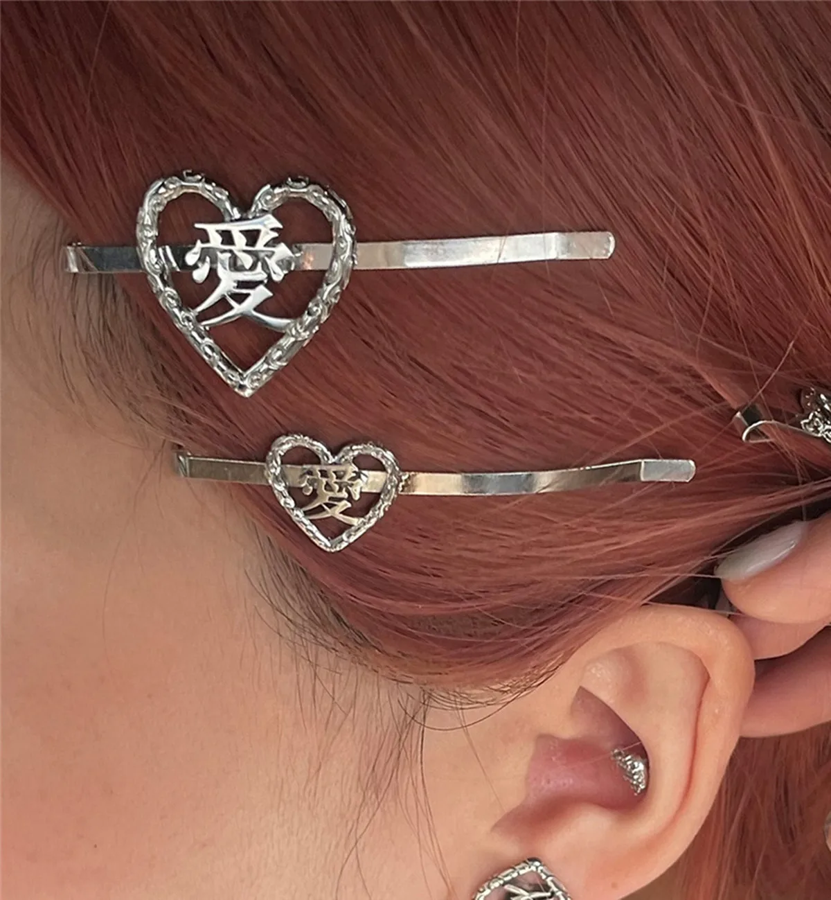 FFLACELL New Y2K Fashion Hair Accessories Heart Love Chinese Letter Hairpin Hair Clip for Women Silver Color Hollow Barrettes